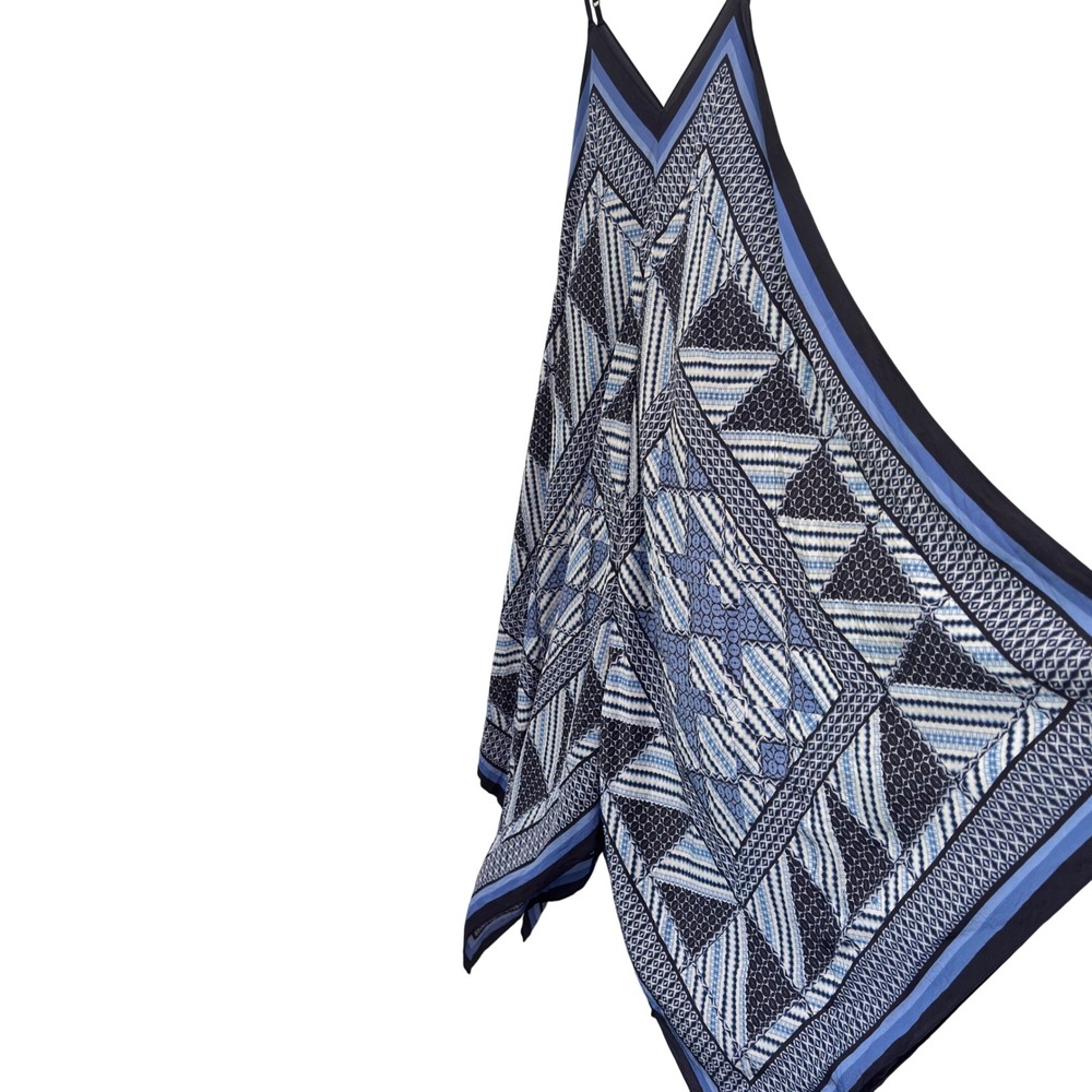 NIC+ZOE Maxi Dress PS Petite Navy Geometric Silk Blend Handkerchief Hem Boho